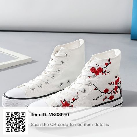 Red Cherry Blossom Tree, Genshin Modern, Embroidered Things, Converse Aesthetic, Converse Wedding Shoes, Custom Sneakers Diy, Red Cherry Blossom, Cute Converse, Custom Painted Shoes