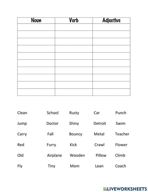 Verb Adjective Noun Worksheet, Nouns Verbs Adjectives Worksheet, Ged Worksheets, Noun Verb Adjective, Live Worksheet, Nouns And Verbs Worksheets, Adjectives Grammar, Adjectives Worksheet, Adverbs Worksheet