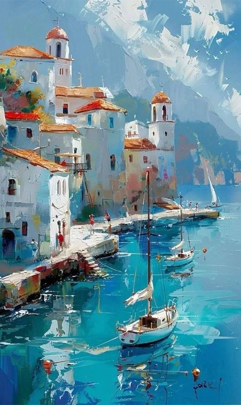 Greece Painting, Oil Painting Gallery, Oil Painting Inspiration, Need To, Oil Pastel Art, Landscape Art Painting, Art Gallery Wallpaper, Sea Painting, Nature Art Painting