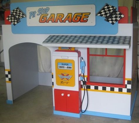 Boys Pit Stop Garage Playhouse Loft Bed - By KidSpace Playrooms contemporary kids Garage Playhouse, Playhouse Loft, Playhouse Loft Bed, Kids Garage, Car Themed Rooms, Cars Room, Car Bedroom, Gas Pump, Kids Bunk Beds