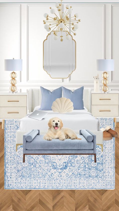 🦋 Blue And Gold Bedroom, Surf Room Decor, Coastal Room Decor, Chic Bedroom Decor, Dorm Room Inspiration, Gold Bedroom, Preppy Room, Cute Bedroom Decor, Redecorate Bedroom