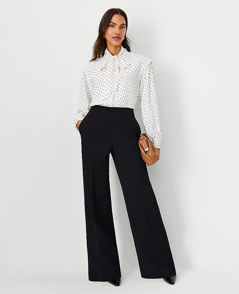 The Wide Leg Pant in Fluid Crepe Chic Executive Outfits Women, Elegant Womens Outfits, Blue And Black Work Outfit, Womens Pantsuit Business, Pant Outfits For Women Dressy Night Out, Wide Leg Slacks Outfit Business Casual, Awards Dinner Outfit Work, Black Wide Legged Pants Outfit, Navy Pant Suit Women