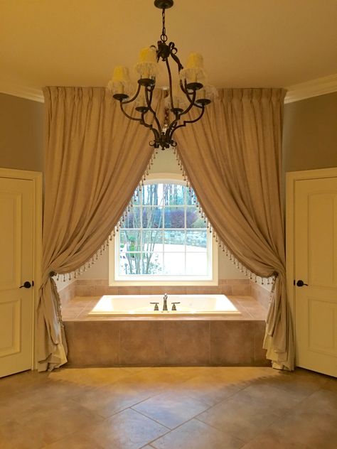 Drapes Around Bathtub, Curtains Over Garden Tub, Curtains Bathroom Bathtub, Garden Tub Curtain Ideas, Bathtub With Curtains, Bath Tub Curtains Ideas, Tub With Curtains, Bathroom Curtains Over Tub, Tub Shower Curtain Ideas