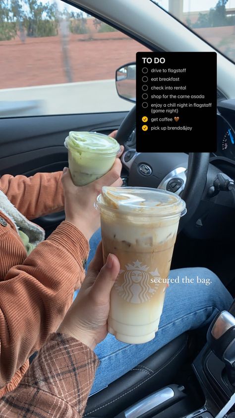 coffee, iced coffee, iced matcha, starbucks run, road trip, his and hers coffee, starbucks drinks, caramel macchiato, morning coffee stop Starbucks Matcha, Iced Matcha, Caramel Macchiato, Carne Asada, Starbucks Drinks, Iced Coffee, Morning Coffee, Coffee Drinks, Glass Of Milk