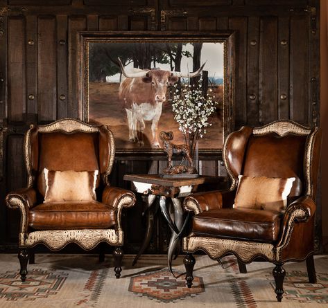 Ranch Glam, Western Style Living Room, House Piano, Vintage Western Decor, Adobe Interior, Ranch Furniture, Western Living Room, Leather Wingback Chair, Cowhide Chair