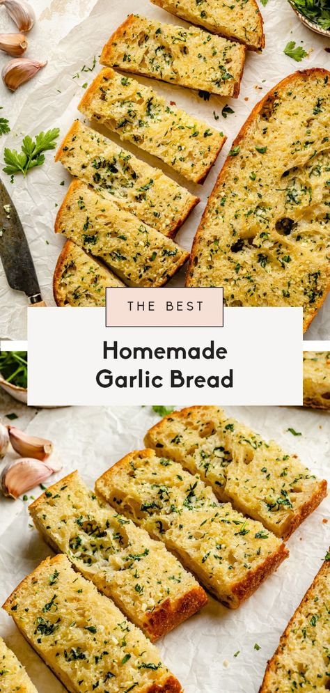 This is the BEST homemade garlic bread you'll ever make. It has fresh herbs, tons of flavorful roasted garlic, and is perfectly toasted. This easy garlic bread recipe is delicious served with your fav pasta dishes and is a guaranteed crowd-pleaser! Best Garlic Bread Recipe, The Best Garlic Bread, Easy Garlic Bread Recipe, Homemade Garlic Bread Recipe, Easy Garlic Bread, Best Garlic Bread, Frozen Garlic Bread, Homemade Garlic Bread, Ambitious Kitchen