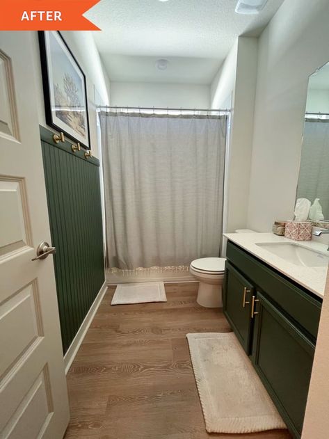 Olive Bathroom Ideas, Green Beadboard Bathroom, Green Cabinets Bathroom, Olive Bathroom, Olive Green Bathroom, Green Beadboard, Builder Grade Bathroom, Plain Bathroom, Beadboard Bathroom