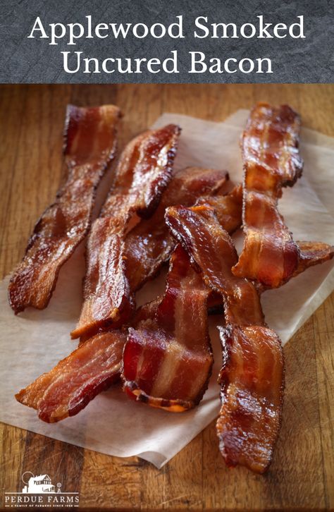 Our uncured applewood-smoked bacon is perfect for all your breakfast and brunch needs! Our exceptional center-cut uncured bacon is made in small batches and slow smoked over real applewood to give you an authentic smoky flavor with no artificial colors or additives. We make it with just a touch of turbinado sugar for a perfect balance of sweet and salt. Guaranteed to quickly become a family favorite! #bacon #breakfast #brunch #meat #pork #food #cooking #cook #delicious #yum #easy #easybreakfast Brunch Meat, Pork Food, Applewood Bacon, Uncured Bacon, Turbinado Sugar, Breakfast And Brunch, Bacon Breakfast, Breakfast Menu, Smoked Bacon