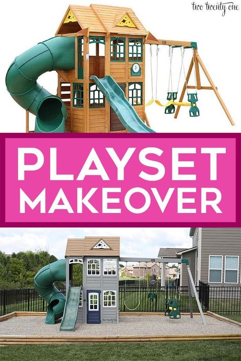 From red cedar to gray and white! See how we made over our outdoor playset! #playset #makeover #paint #stain #gray Painting Outdoor Playset, Swingset Makeover Paint, Painted Playset Outdoor, Play Structure Makeover, Outdoor Playset Makeover, Painted Playset, Playground Makeover, Playset Makeover, Playset Ideas