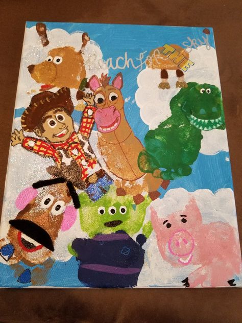 You story Toy Story Crafts For Toddlers, Toy Story Hand And Footprint Art, Fairytale Footprint Art, Toy Story Valentines, Disney Character Handprint Art, Toy Story Cards Diy, Toy Story Art, Art And Craft Activities, Nanny Activities