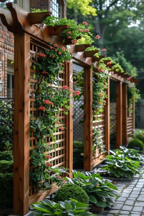 Place lanterns or solar-powered lights along pathways or near seating areas for a warm glow. Trellis Ideas For Privacy, Trellis Ideas Garden, Outdoor Trellis Ideas, Wooden Garden Trellis, Arbor Trellis, Greenhouse Nursery, Garden Trellis Ideas, Trellis Fence, Trellis Ideas