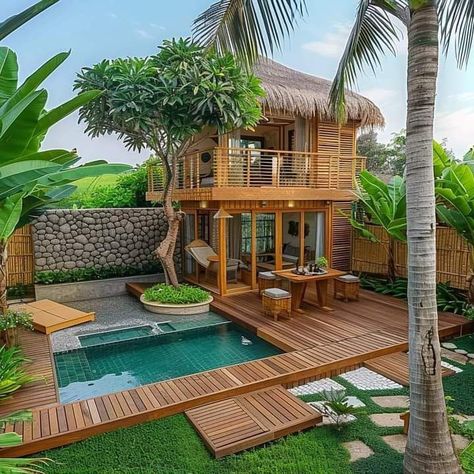 Small Resort Ideas, Bamboo House Design, Small Wooden House, Cottage Style House Plans, Casa Country, Rest House, Beautiful House Plans, Tropical House, Beach House Design