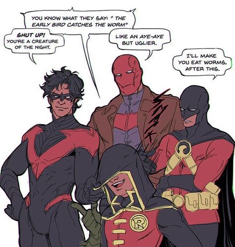 Like an aye aye but uglier lol Tim Drake Damian Wayne, Jason Todd Tim Drake, Super Sons, Batfamily Funny, Batman Funny, Batman Comic Art, Dc Comics Artwork, Batman Universe, Tim Drake