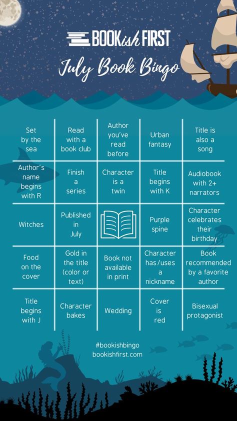 A bingo board with a blue background that looks like the ocean with images of sharks, ocean life, and a ship. The prompts are all bookish and related to reading challenges. Bookish Bingo, Book Bingo, Reading List Challenge, Book Reading Journal, Tbr Pile, August 1st, Another Round, Book Challenge, Author Quotes