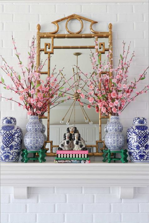 Accent Wall With Wallpaper, Wall With Wallpaper, Chinoiserie Interior, Spring Mantle Decor, Dimples And Tangles, Spring Mantle, Bright Decor, Chinoiserie Decorating, Blue White Decor