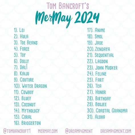 MerMay 2024 Art Challenge on Instagram - Dream Pigment Mermay 2024, Abs Art, Oc Creator, Prompt List, Mermaid Images, Mermaid Artwork, 2024 Art, Mermaid Illustration, Art Challenges