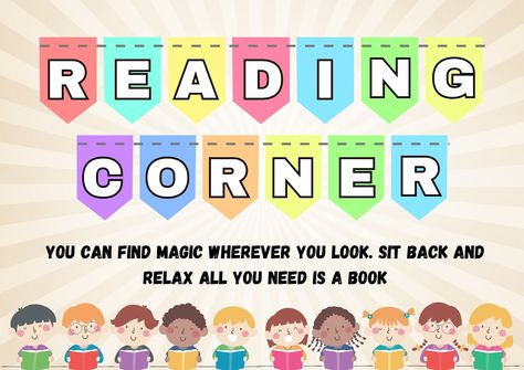 READING CORNER DESIGN Reading Corner Sign, Reading Corner Design, Computer Lab Lessons, Reading Corner Kids, Crafts Bookmarks, Room Signage, Alphabet Writing Practice, Decals Codes, Flower Background Design