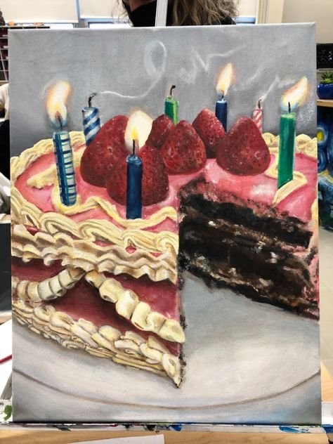 Paintings Of Cakes, Birthday Candle Painting, Slice Of Cake Drawing, Cake Oil Painting, Birthday Cake Painting, Cake Bday, Art Meaningful, Confectionary Art, Cake Sketch