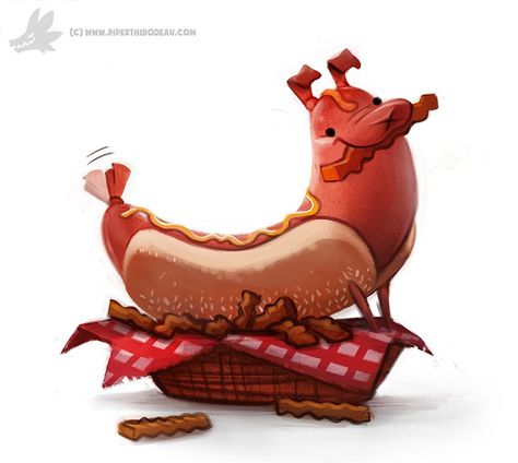 Daily Painting #933. Hot Dog, Piper Thibodeau on ArtStation at https://www.artstation.com/artwork/1xYq8 Food People Art, Food Creatures Art, Cryptid Creations, Piper Thibodeau, Fruit Animals, Animal Puns, Animated Animals, Cute Food Drawings, Cute Animal Drawings Kawaii