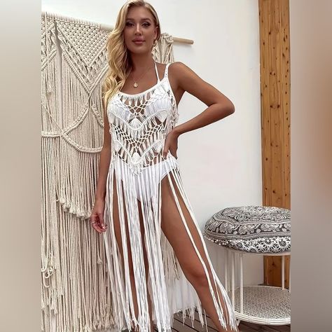 Same Day Or Next Day Shipper/ Top Rated Seller New Boutique Boho Semi-Sheer White Crocheted Swim Coverup With Long Fringe And Scoop Neck, One Size, Midi Length. Sleeveless With Straps, Stretchy And Lightweight, And Aerated For Breathability. Unique, Sexy, Attention-Getting Piece For The Beach, Pool Parties, And Vacations. > Condition: Brand New Boutique Item In Excellent Condition Directly From Distributor; No Actual Tags. > Brand: Private Label. > Size: One Size. Stretchy, Approximate Flat Meas Lace Swimsuit Coverup, Crochet Beach Cover Up, Native American Wedding, Lace Beach Dress, Ruffle Bathing Suit, Boutique Boho, Bathing Suits One Piece, Chiffon Shawl, Chiffon Kimono