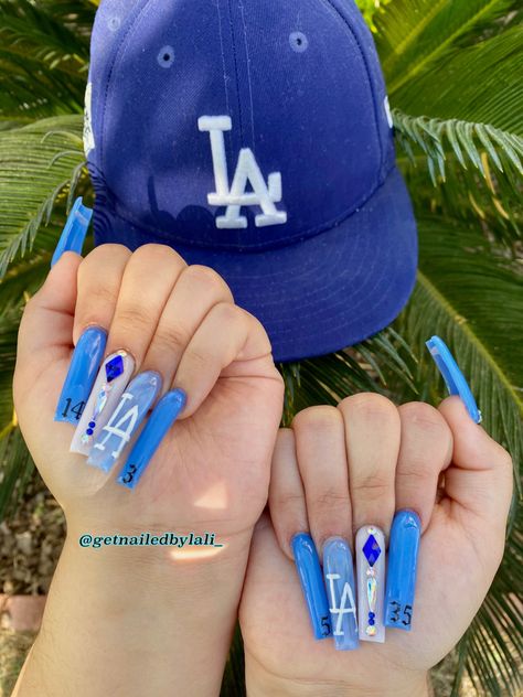 Dodgers, baseball, blue nails Dodgers Nails Designs, Dodger Fits, La Dodgers Nails, Dodger Blue Nails, Dodgers Nails, Dodger Nails, Dodgers Outfit, La Dodgers Logo, Cholo Art