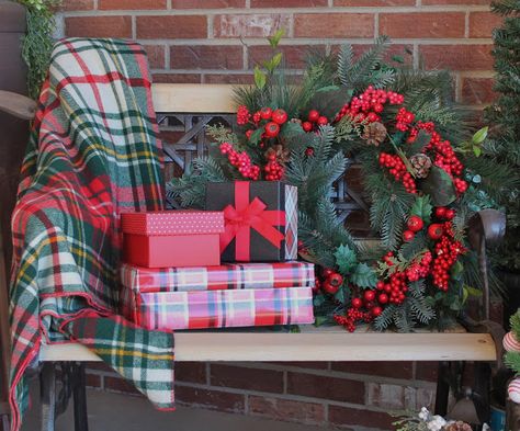 Christmas Front Porch Decor, Porch Bench, Running Out Of Time, Front Porch Christmas, Christmas Front Porch, Christmas Porch Decor, Front Porch Decor, Front Porch Christmas Decor, Out Of Time