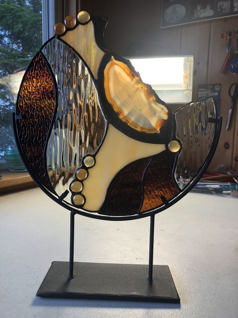 10 inch round;particularly nice agate;  made for Kathy, Fall 2020 Stained Glass With Geodes Agate Slices, Stained Glass Agate, Stained Glass With Agate Slices, Stained Glass Circles, Glass Wall Sculpture, Diy Stained Glass Window, Stain Glass Window Art, Agate Art, Stained Glass Studio