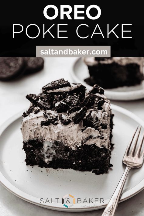 Sweet and moist Oreo poke cake is the BEST Oreo dessert ever! A black cocoa powder cake base is drizzled with sweetened condensed milk, then topped with the easiest Oreo mousse, made with instant Oreo pudding. The perfect chilled, delicious dessert! Oreo Mousse Recipes, Oreo Cake Recipe Homemade, Cocoa Powder Cake, Best Oreo Dessert, Oreo Poke Cake Recipe, Easy Oreo Cake, Oreo Poke Cake, Black Velvet Cake, Oreo Cake Recipe