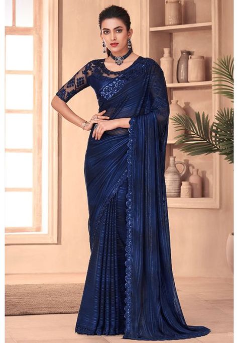 Indigo Blue Silk Saree with Embroidered Blouse Bollywood Sarees Online, Party Wear Sarees Online, Blue Silk Saree, Pakistani Salwar, Latest Designer Sarees, Saree Designs Party Wear, Designer Salwar, Party Wear Saree, Silk Saree Blouse