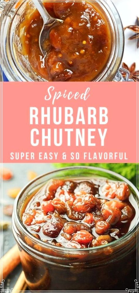 his Spicy Rhubarb Chutney is flavored with Indian spices and raisins is my favorite savory rhubarb recipe! It’s perfect for BBQs and makes a great food gift! Vegan, too! Rhubarb Savory Recipes, Rhubarb Chutney Recipes, Vegan Rhubarb Recipes, Savory Rhubarb Recipes, Easy Chutney Recipes, Vegan Rhubarb, Sauce Ideas, Rhubarb Chutney, Indian Chutney Recipes