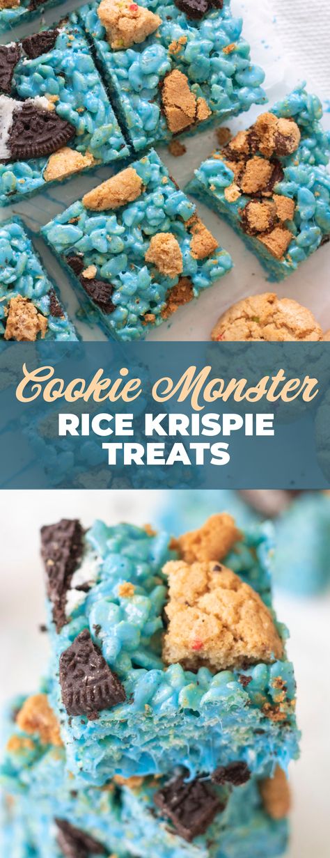 cookie monster rice krispie treats; Cookie Monster Rice Krispie Treats, Monster Rice Krispie Treats, Crunchy Chocolate Chip Cookies, Cookie Cake Birthday, Blue Cookies, White Cookie, Puffed Rice, Blue Food Coloring, Crunchy Cookies