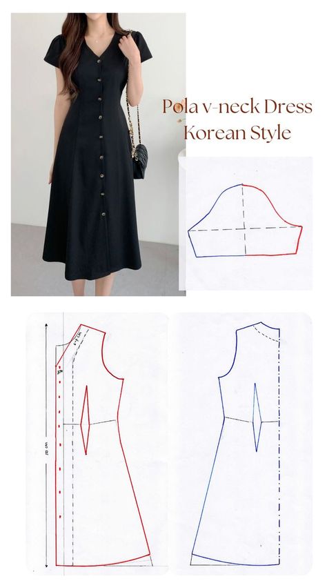 "Unlock a world of fashion possibilities with our free PDF dress patterns. Endless designs, customizable fabrics, and easy-to-follow instructions to help you create stunning, one-of-a-kind dresses for any occasion.". #dress #patterns #fashion Korean Dress Pattern Sewing, Midi Dress Pattern Sewing, Drafting Dress Patterns, Korean Dress Style, Sewing Patterns For Dresses, Pola Dress, Dress Pattern Sewing, Dress Making Tutorial, Korean Style Dress