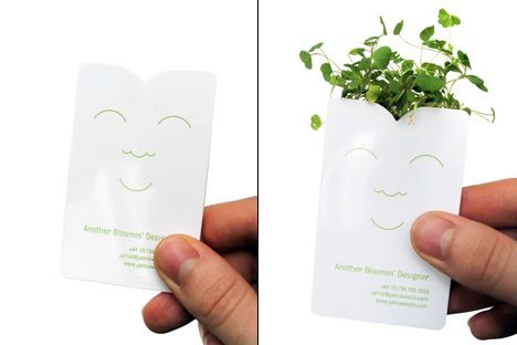 Cute business card idea. Green.. With plant. Eco Wedding Invitations, Google Business Card, Innovative Business Cards, Business Card Gallery, Clever Business Cards, Business Card Stand, Eco Wedding, Business Card Design Creative, Business Card Inspiration