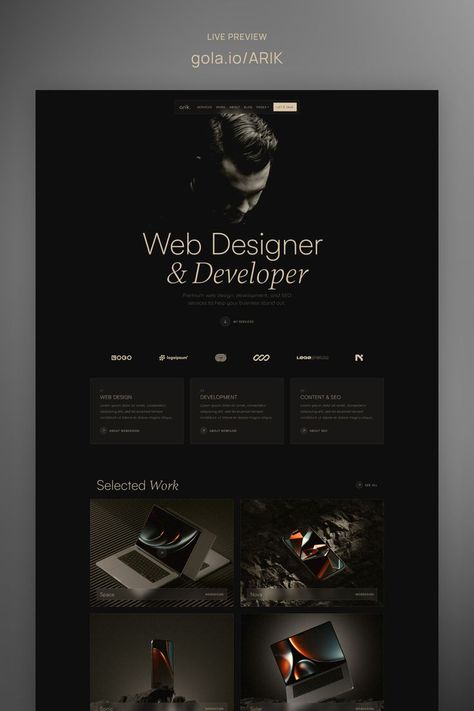 Arik is a minimal & modern Portfolio Framer Template perfectly suited for freelancers, designers, agencies or your personal portfolio. Web Developer Portfolio Website, Portfolio Website Design Inspiration, Portfolio Website Inspiration, Cv Website, Personal Website Design, Web Design Inspiration Portfolio, Personal Website Portfolio, Modern Portfolio, Website Design Inspiration Layout