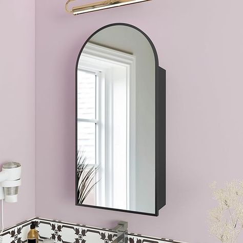 Amazon.com: FKWin Arched Medicine Cabinet with Mirror, Aluminum Alloy Brushed Frame Bathroom Mirror with Storage, 3 Adjustable Shelves Vanity Mirror, Surface Wall Mounted, Not Recessed, 16x31 inch(Black) : Home & Kitchen Bathroom Mirror With Storage, Frame Bathroom Mirror, Mirror With Storage, Frame Bathroom, Bathroom Mirror Storage, Shelf Vanity, Medicine Cabinet With Mirror, Cabinet With Mirror, Mirror Surface