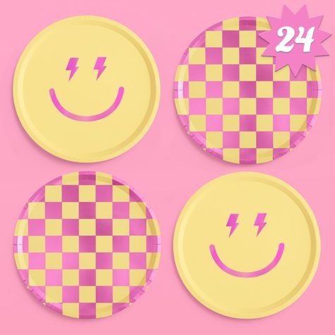 PRICES MAY VARY. Party Vibes Only: Our 24 pack of 9" smiley face + checker design pink iridescent foil on matte yellow printed paper plates are the party additions you've been looking for + a guaranteed hit! Check Me Out: Our plates come in two pink iridescent foil designs - a lighting bolt smiley face + a checkered pattern, with 12 pcs per design! Squad Approved: Leave no babe behind with our set of 24 preppy party plates featuring two pink foil designs on a matte yellow plate - there's enough Hot Pink Smiley Face Birthday Cake, Pink Happy Face Birthday Party, Pink Smiley Face Birthday Party, Preppy Party Decorations, Pink Smiley Face Party Plates, Smiley Face Paper Plates, Birthday Party Plates, Preppy Party, Birthday Plate