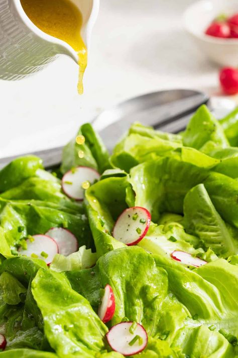 This butter lettuce salad, or bibb lettuce salad makes the perfect simple side salad. With boston bibb or butter lettuce, chives, and radish, it is tossed in a simple dijon vinaigrette. Butterleaf Lettuce Recipes, Boston Lettuce Salad Recipes, Butter Lettuce Salad Dressing, Bib Lettuce Recipes, Bibb Lettuce Salad Recipes, Boston Lettuce Salad, Bib Lettuce Salad, Butter Lettuce Salad Recipes, Bibb Lettuce Salad