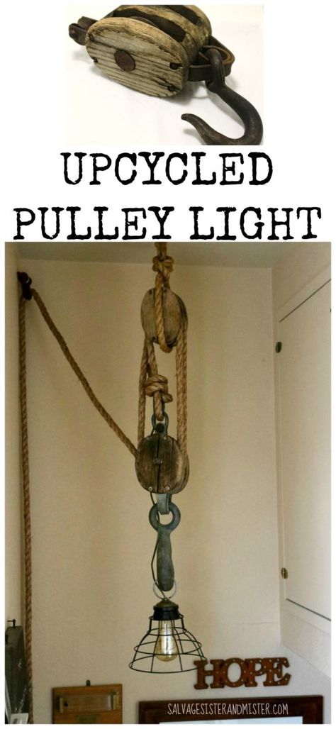 Thrift Store Decor Upcycle Challenge – Pulley Light Farmhouse Home Interior, Industrial Farmhouse Home, Pulley Decor, Rustic Industrial Farmhouse, Decor Upcycle, Pulley Light, Living Room Industrial, Thrift Store Upcycle, Thrift Store Decor