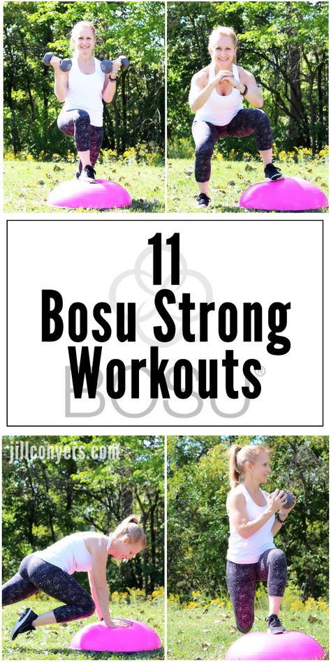 11 Bosu Strong Workouts jillconyers.com #fitness #fitnesshealthhappiness #bosu @jillconyers @fitapproach Bosu Exercises, Bosu Ball Exercises, Bosu Ball Workout, Bosu Workout, Tone Body Workout, Total Body Toning, Ball Workouts, Ball Workout, Bosu Ball