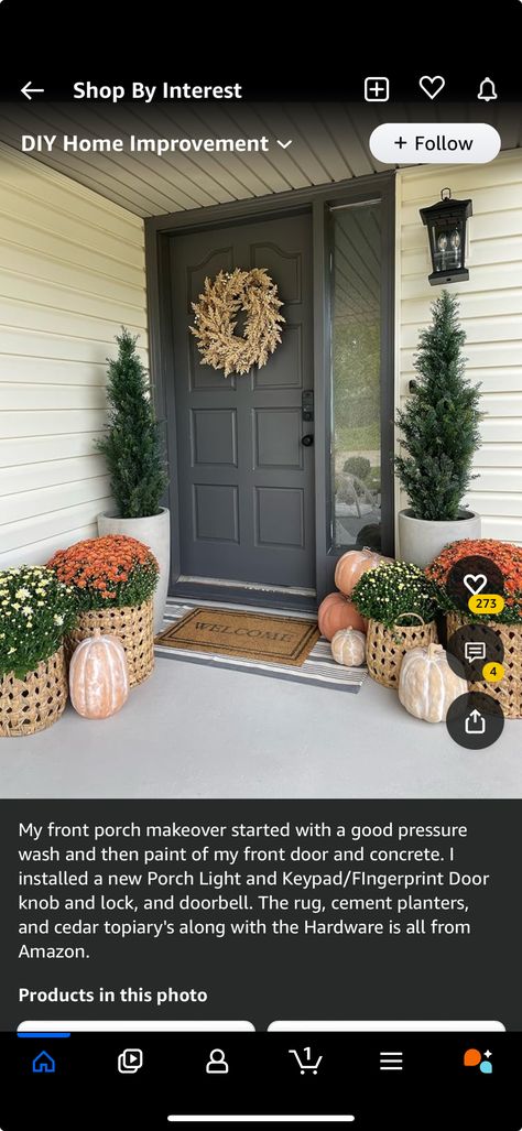 Fall Football Front Porch Decor, Front Porch Step Fall Decor, Fall Front Porch Decor Brown Door, Fall Front Porch Decor Rocking Chair, Fall Porch With Rocking Chairs, Porch Rocking Chair, Front Porch Makeover, Porch Makeover, Cement Planters