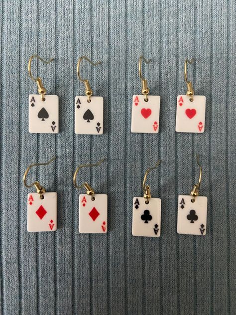 Ace playing card earrings on gold earring hooks Playing Cards Earrings, Funky Earrings Gold, Craft Earrings Ideas, Funky Earrings Vintage, Ace Earrings, Ace Playing Card, Playing Card Crafts, Ace Of Clubs, Card Costume