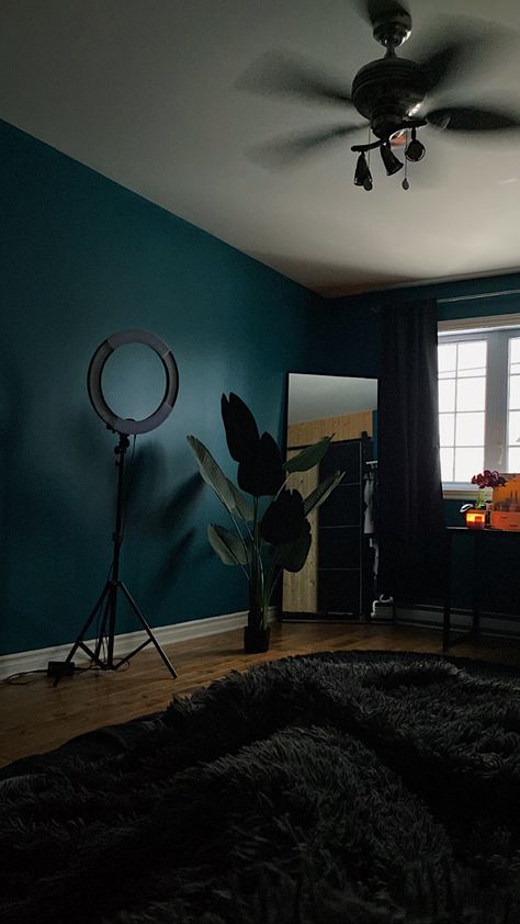 Teal Black Bedroom, Dark Teal Decor, Paint Room Ideas Bedrooms, Deep Teal Bedroom, Dark Turquoise Bedroom, Black And Teal Bedroom, Hippie Bedroom Aesthetic, Bedroom Witchy, Earth Bedroom