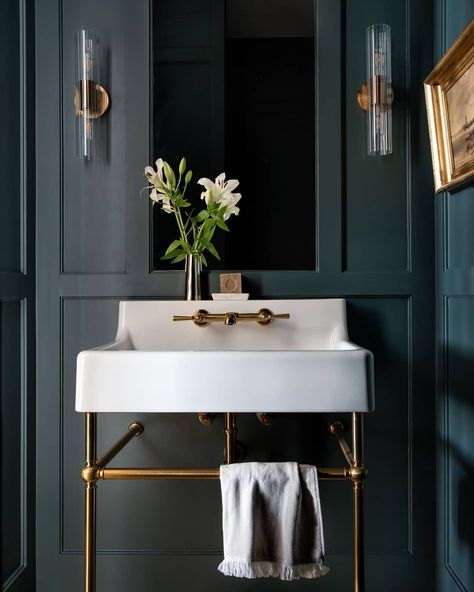 Frankel Building Group on Instagram: “A moody powder bath Photo: @kerrykirkphoto Prop Styling: @curiousdetails Design, Architecture, Construction: @frankelbuildinggroup” Transitional Powder Room, Half Bath Remodel, Powder Room Remodel, Build Design, Powder Room Decor, Powder Room Design, Bathroom Decorating, Downstairs Bathroom, Powder Rooms