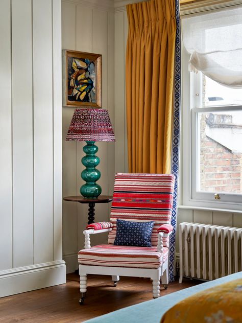 Lonika Chande brings her hallmark flair for colour and pattern to a 19th-century Chelsea house | House & Garden Lonika Chande, Painted Stripes, London Houses, Fireside Chairs, Chelsea House, Paint Stripes, Box Bed, Spare Bedroom, Spare Room