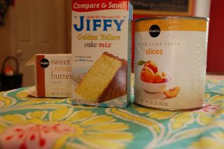 Pour 2 large cans of drained peaches into an 8×8 pan.  sprinkle one box of Jiffy cake mix over top.  melt 6 TBSP of butter and pour over cake mix.  Bake at 350 for 45 minutes. Jiffy Golden Yellow Cake Mix Recipes, Jiffy Cake Mix Cobbler, Jiffy Mix Peach Cobbler Recipe, Jiffy Cake Mix Recipes Desserts, Jiffy Peach Cobbler Recipe, Jiffy Cake Mix Peach Cobbler, Peach Cobbler With Jiffy, Jiffy Cake Mix Recipes, Cake Mix Peach Cobbler