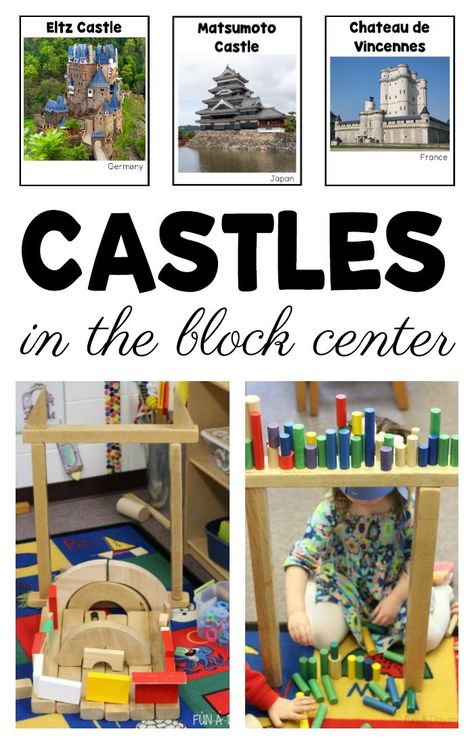 Put real pictures of castles in the block center to inspire engineering projects for kids #blockplay #blocks #woodblocks #preschool #kidsactivities Building Center Kindergarten, Castles Preschool Activities, Purim Preschool Reggio, Castle Activities, Engineering Projects For Kids, Purim Preschool, Block Center Preschool, Fairy Tales Preschool, Fairy Tale Activities