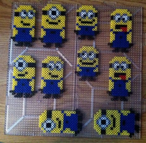 Minions Perler beads by Khoriana on DeviantArt Minion Fuse Beads, Hamahelmi Ideas, Hamma Beads Ideas, Easy Perler Bead Patterns, Perler Creations, Melty Bead Patterns, Pearl Beads Pattern, Easy Perler Beads Ideas, Fuse Bead Patterns