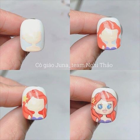 Nail Chibi, Korea Nail Art, Princess Nail Art, Nail Guide, Korea Nail, Disney Nail Designs, Asian Nails, Gel Nails Diy, Disney Princes