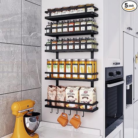 Amazon.com: KAFAHOM Spice Rack Organizer Wall Mount, 5 Tier Height-Adjustable Hanging Spice Shelf Storage With 6 Hooks, Farmhouse Seasoning Organizer,Large Kitchen Wall Shelves for Cabinet, Wall, Pantry Door : Home & Kitchen Large Kitchen Wall, Wall Pantry, Spice Cabinet Organization, Seasoning Organizer, Wall Spice Rack, Wall Mounted Spice Rack, Kitchen Wall Shelves, Pantry Remodel, Spice Shelf