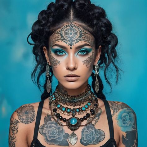 Part of the Collection: Bohemian Techno Gypsy Want to see more, please follow me and share~ #tattoogirl #tribaltattoo #faceart #fantasymakeup #portrait #aigenerated #aiphotography #makeup #tattoos #boho #tribal #bohemiangypsy #bohemiantechno #makeupinspiration #haistyleinspiration #bohemianstyle Fortune Teller Costume, Hai Styles, Makeup Tattoos, Fortune Teller, Fantasy Makeup, Makeup Designs, Please Follow Me, Face Art, Girl Tattoos